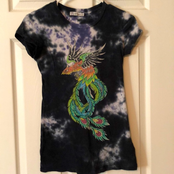 Ed Hardy Tops - Ed Hardy tie dye blue beaded cap sleeve Sz XS EUC